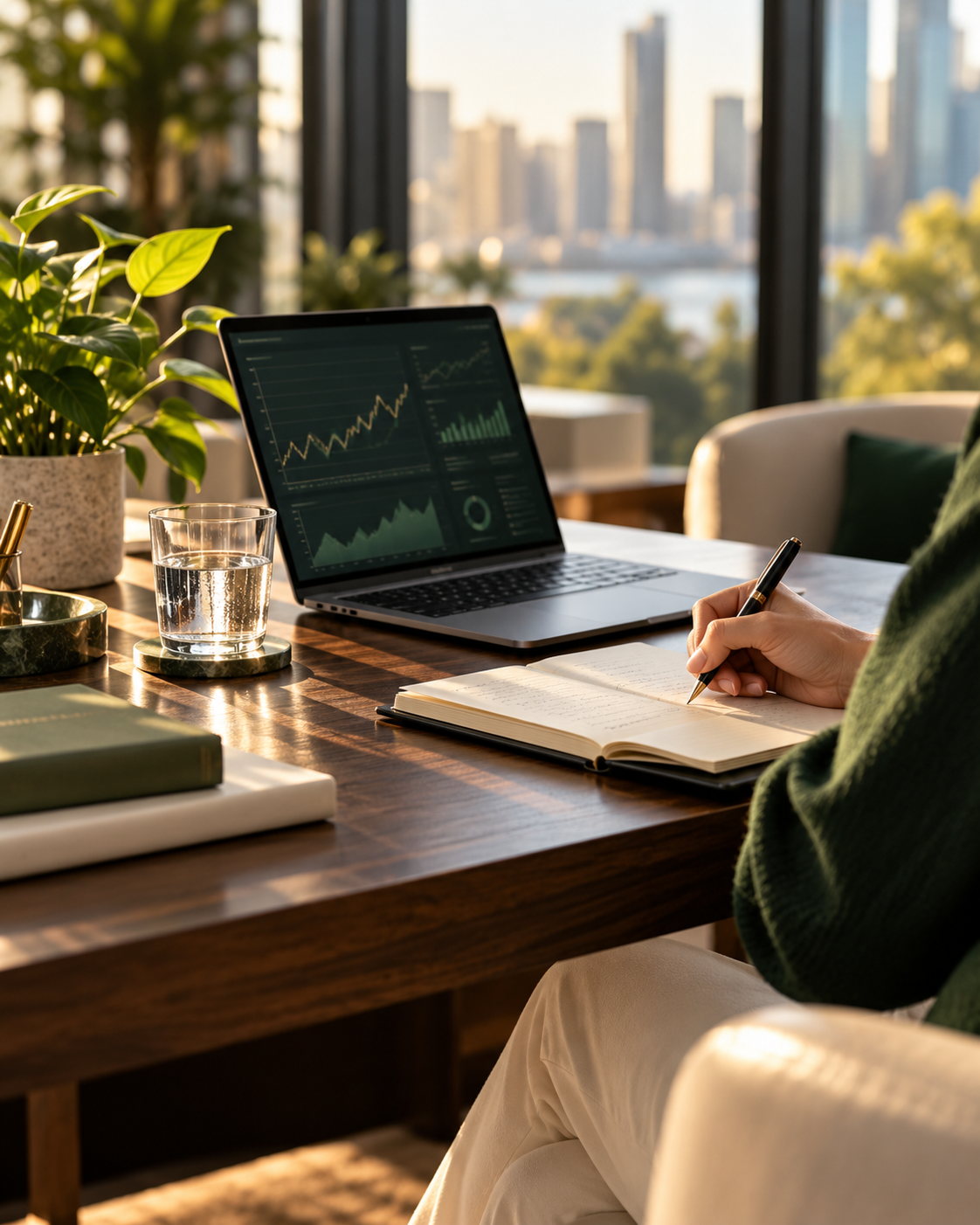 Escritorio con laptop y libreta en un espacio de trabajo, para aprender sobre inversiones